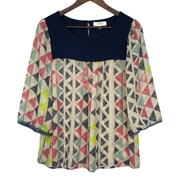 Umgee USA‎ Blouse Women Size M Multicolor Geometric Print Sheer 3/4 Sleeve Yoke - Picture 1 of 10